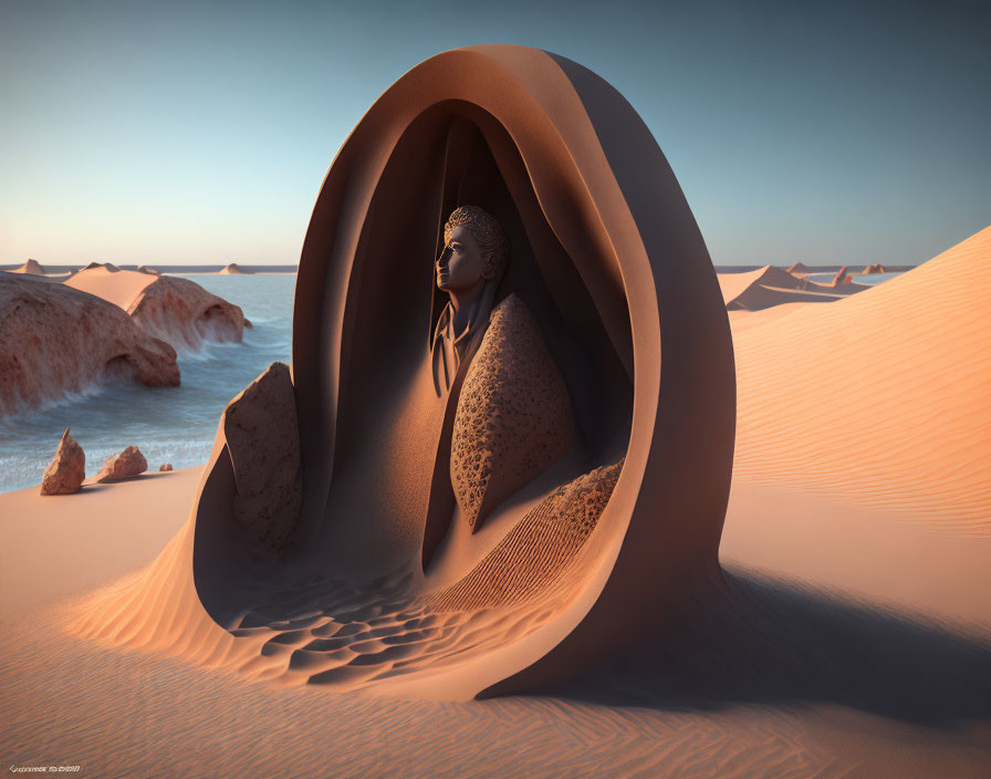 Surreal desert scene: head-shaped cave entrance, dunes, rocks, twilight sky