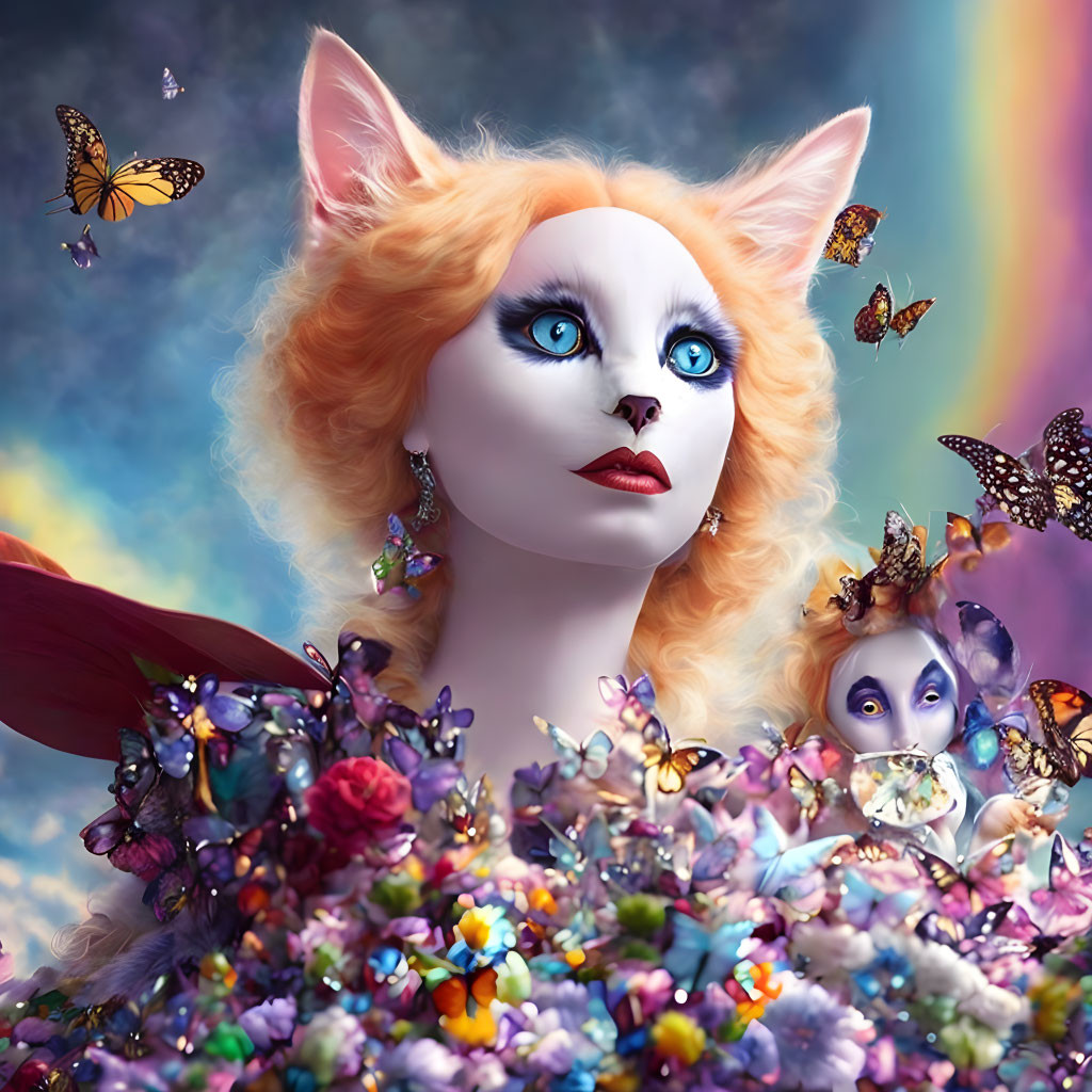 Colorful digital artwork featuring feline humanoid with blue eyes, butterflies, flowers, and rainbow.