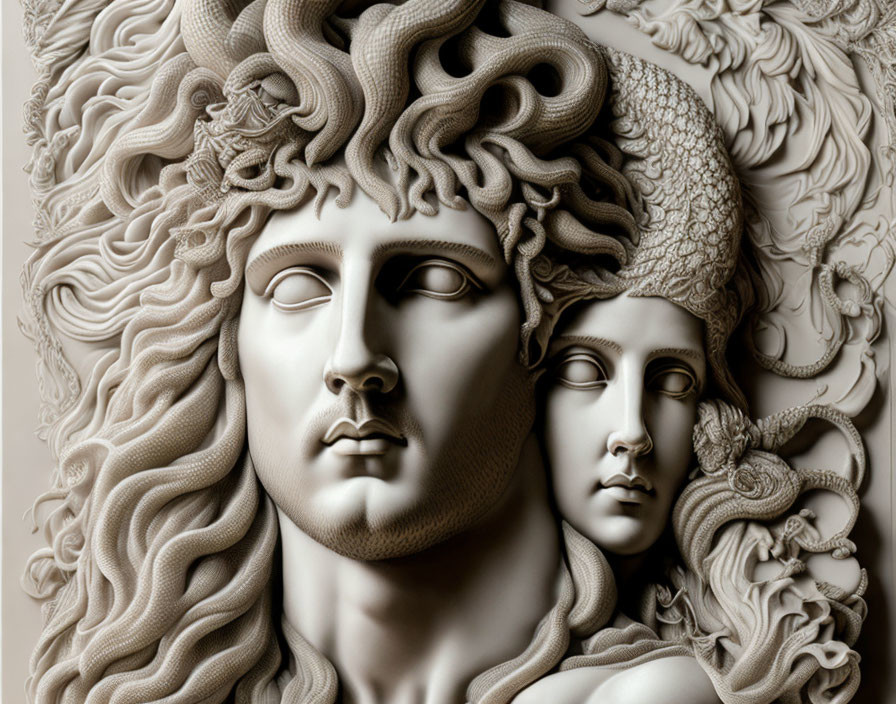 Intricate sculpture of two faces: one with serpentine hair, the other serene, against