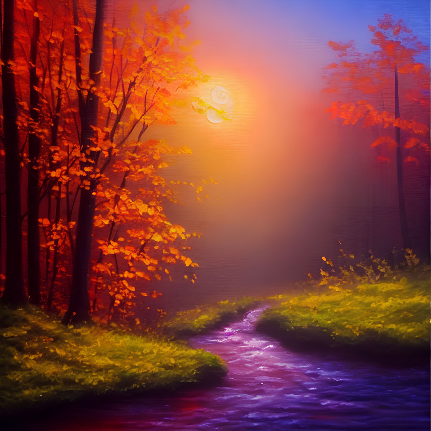 Mystical forest with river, glowing sun, autumnal trees