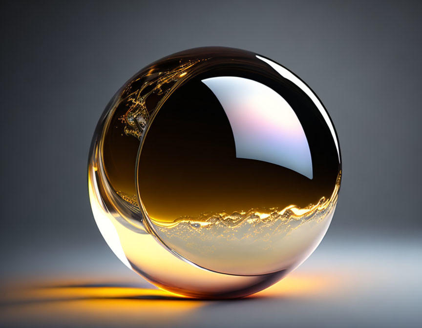 Reflective 3D Sphere with Gold and Black Waves on Grey Background