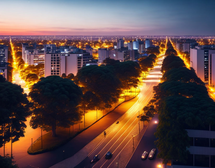 Twilight cityscape with illuminated streets, moving cars, and dusky sky