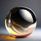 Reflective 3D Sphere with Gold and Black Waves on Grey Background