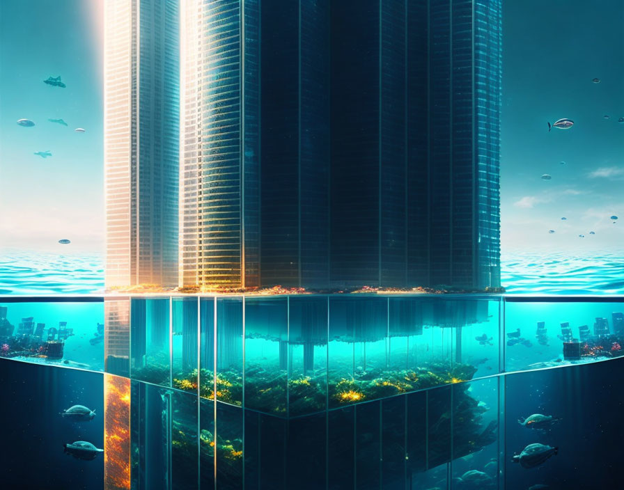 Futuristic underwater cityscape with skyscraper and aquatic life