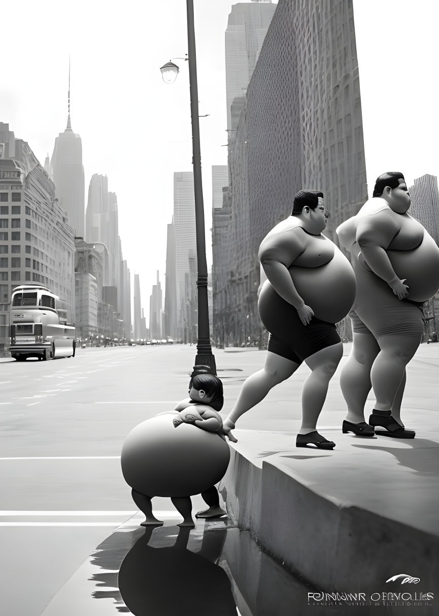 Overweight men animated characters with lamppost walking in grayscale city.