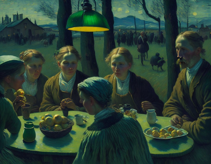 Rural evening scene with people eating and drinking under lamp