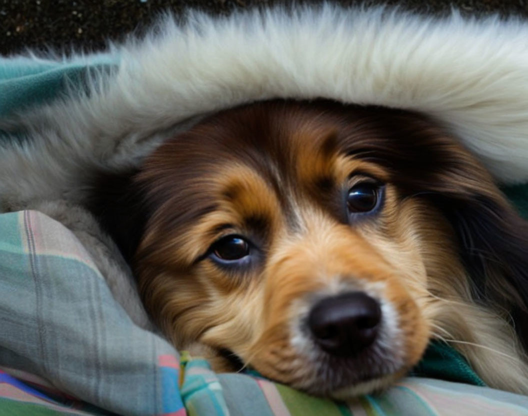 Brown and Black Dog with Soulful Eyes Under Fluffy Hood on Plaid Fabric