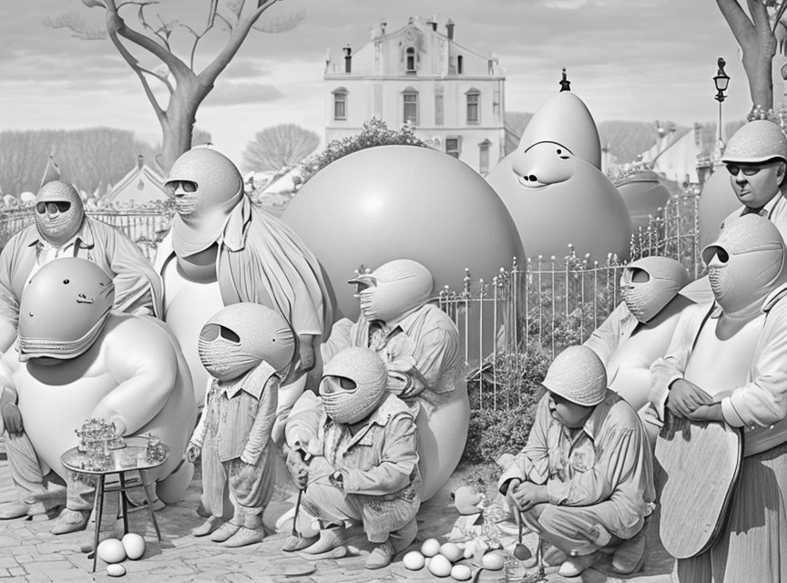 Monochromatic stylized figures in a surreal park setting engaging in leisure activities