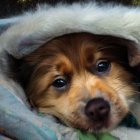 Brown and Black Dog with Soulful Eyes Under Fluffy Hood on Plaid Fabric