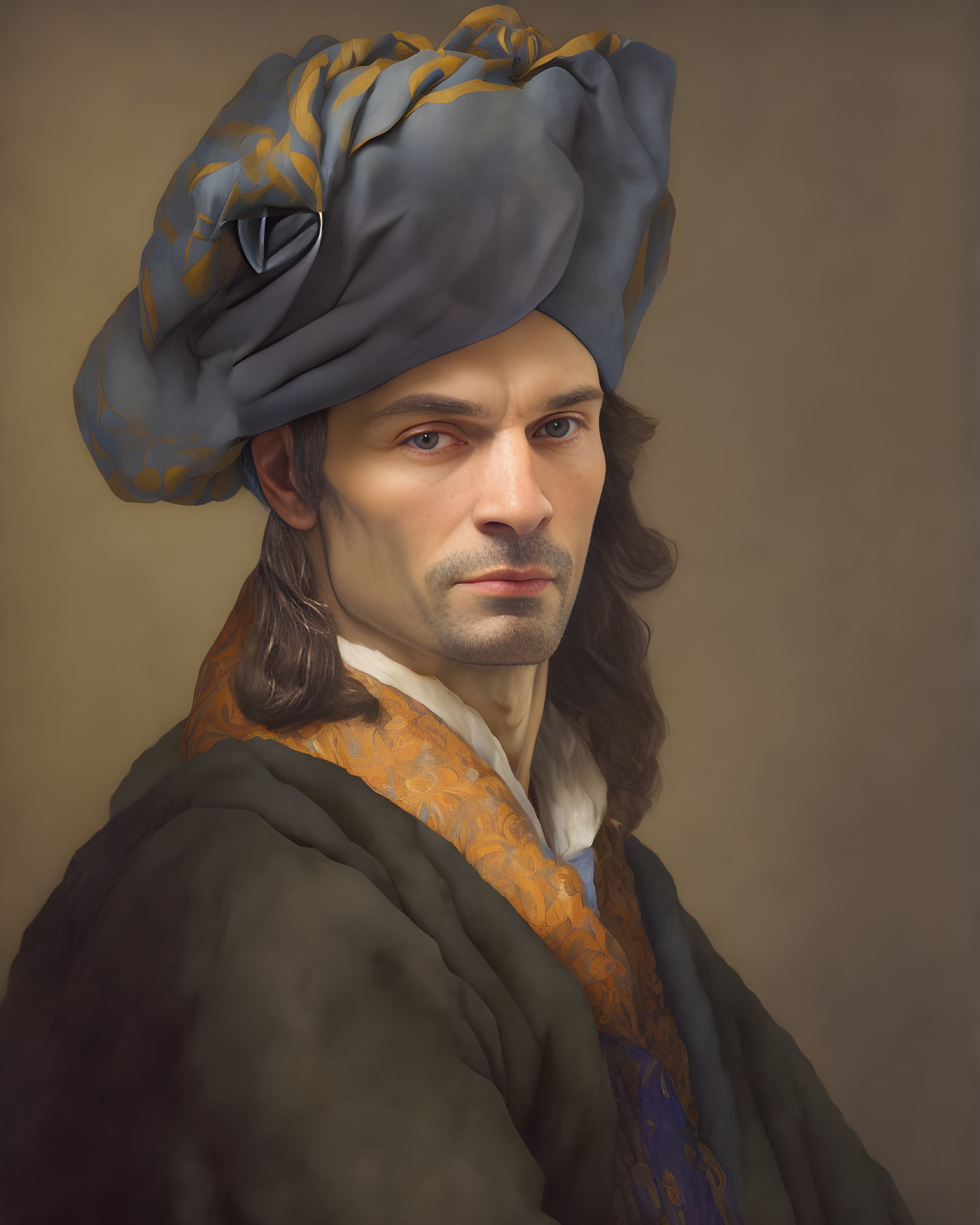 Portrait of a man with shoulder-length hair in a blue hat and ornate 17th-century attire