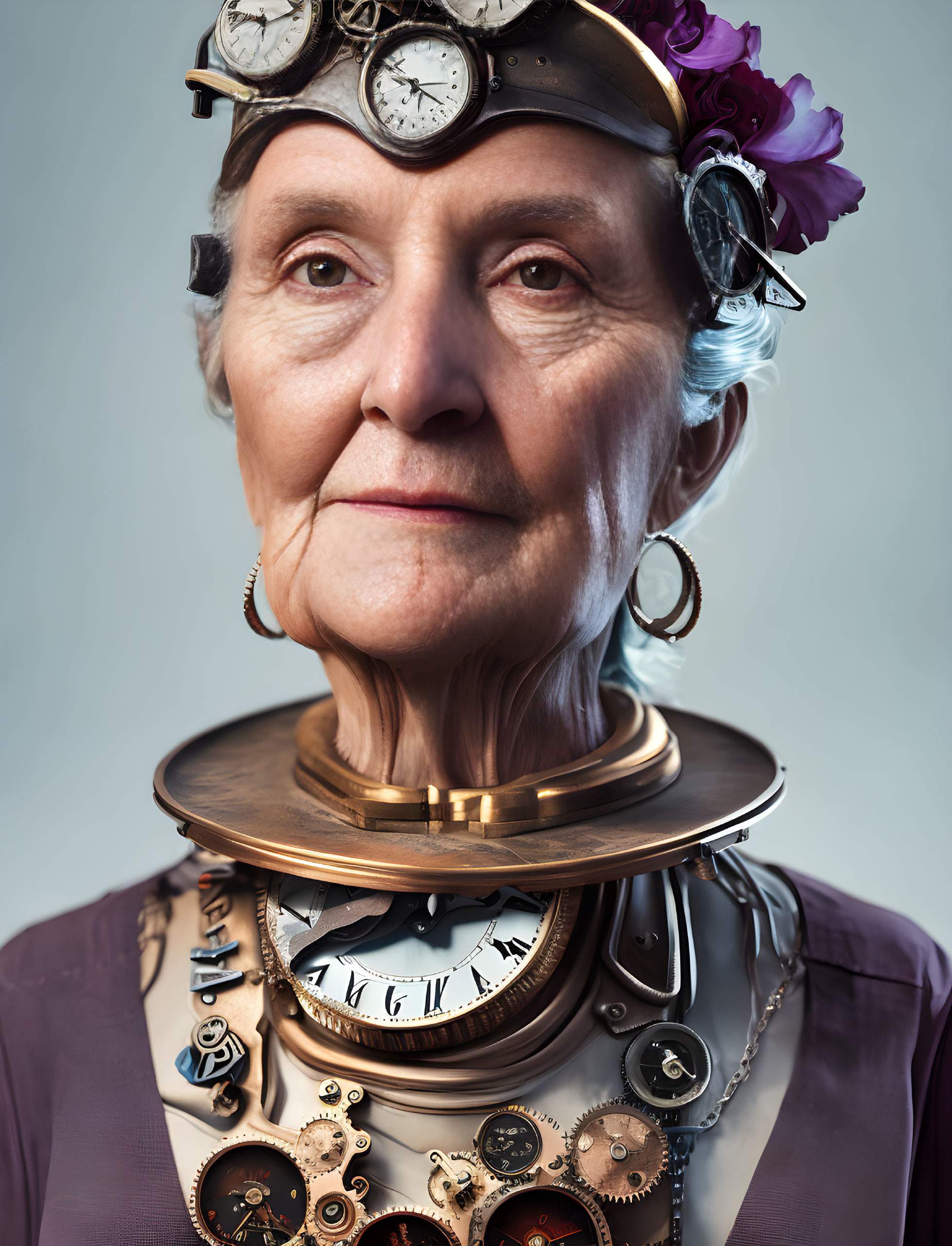 Elderly woman in steampunk headgear with clocks and gears