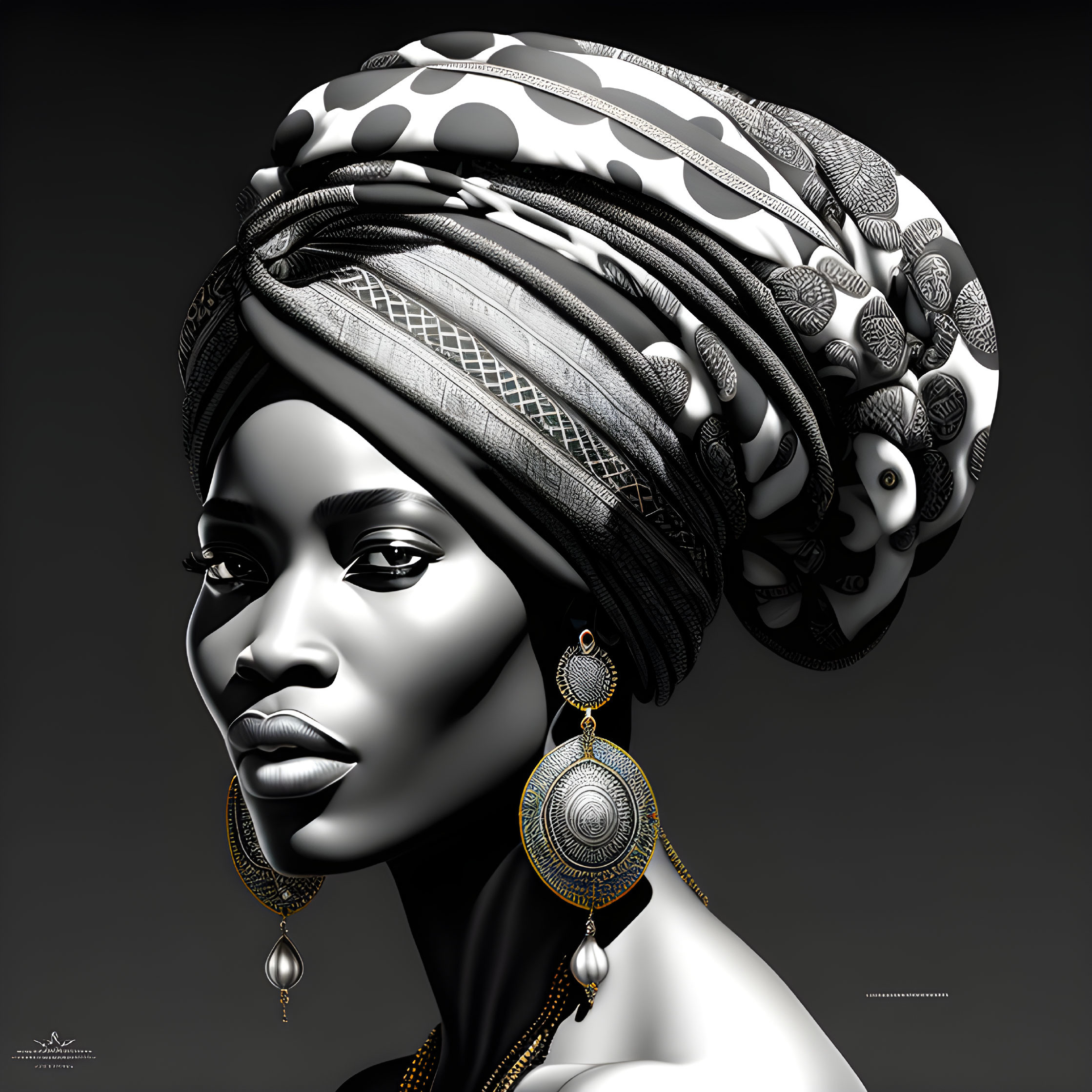 Monochrome digital art portrait of woman with headwrap and detailed earrings