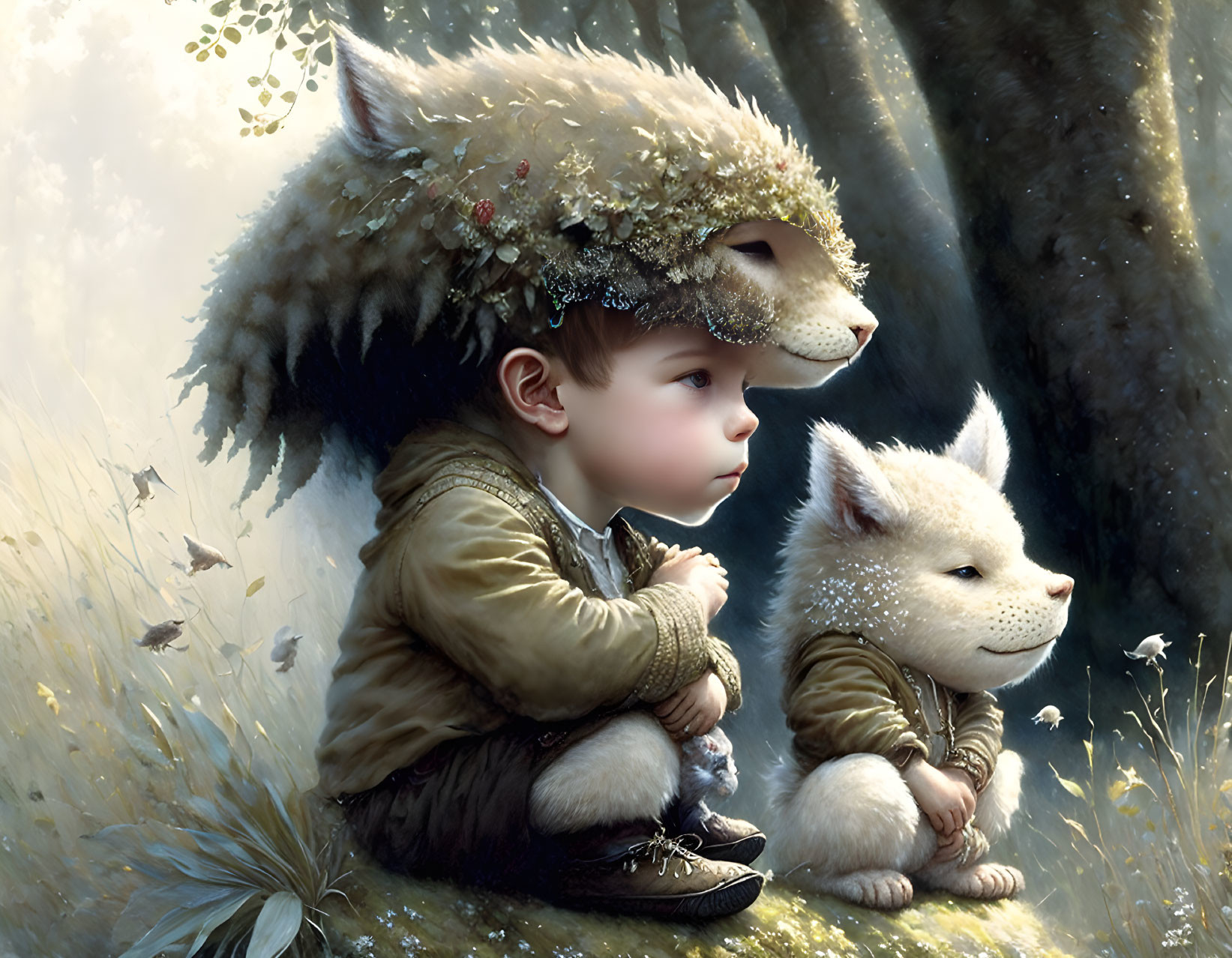 Child with wolf head cap beside white wolf in misty forest with butterflies