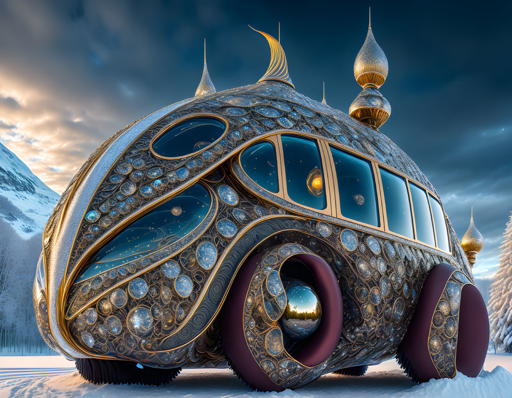 Futuristic ornate vehicle with golden domes in snowy mountain twilight