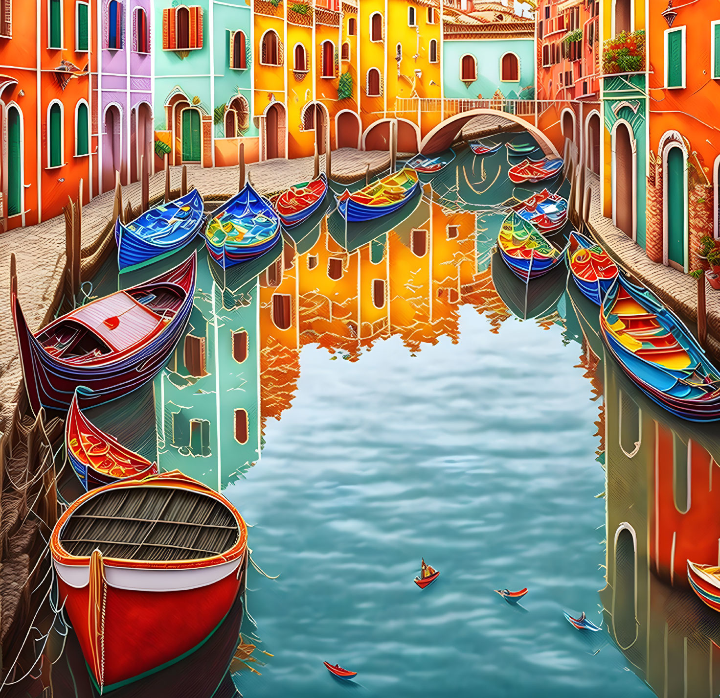 Vibrant Venetian Houses and Boats Reflected in Water