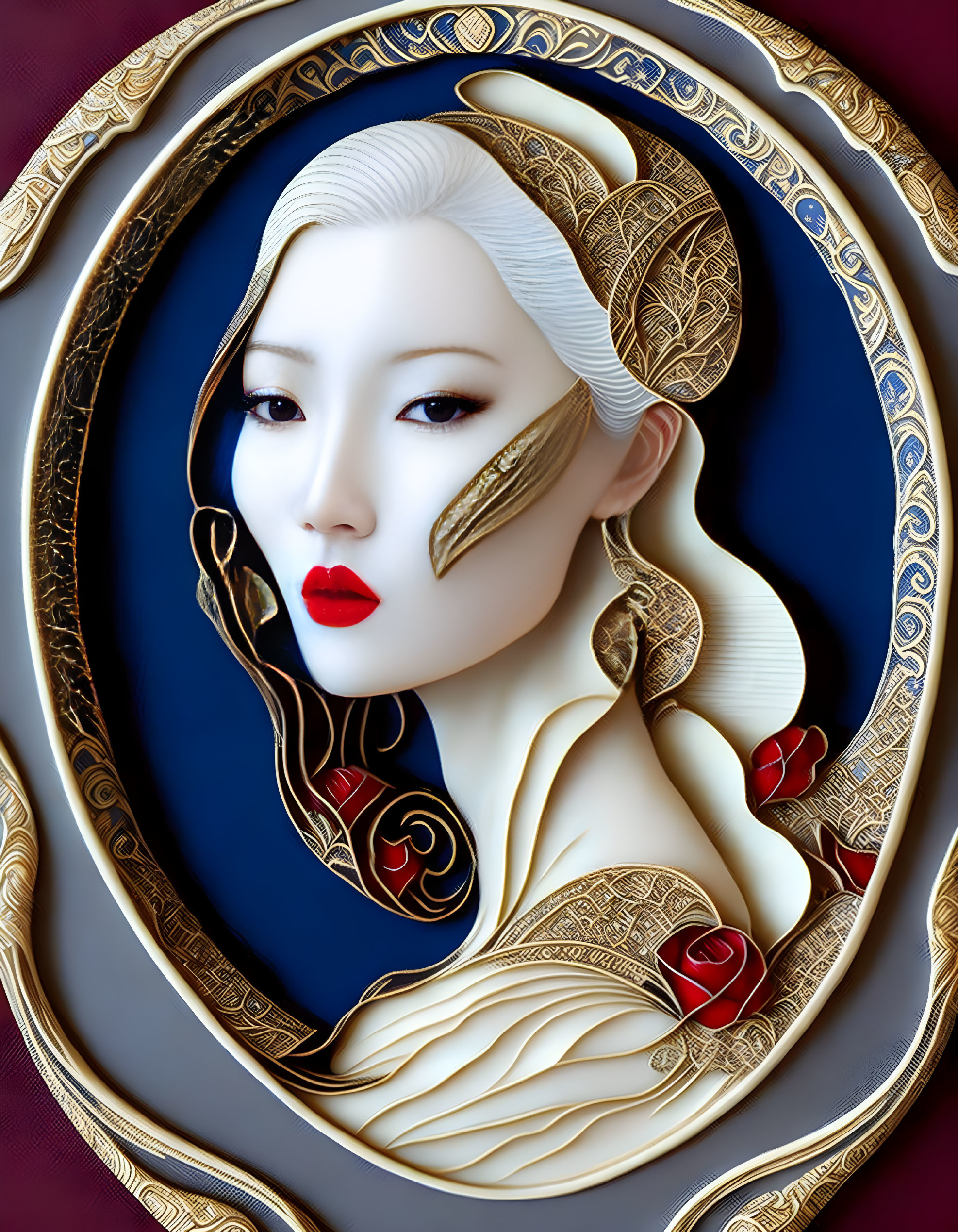 Stylized portrait of a woman with gold accents on deep blue background