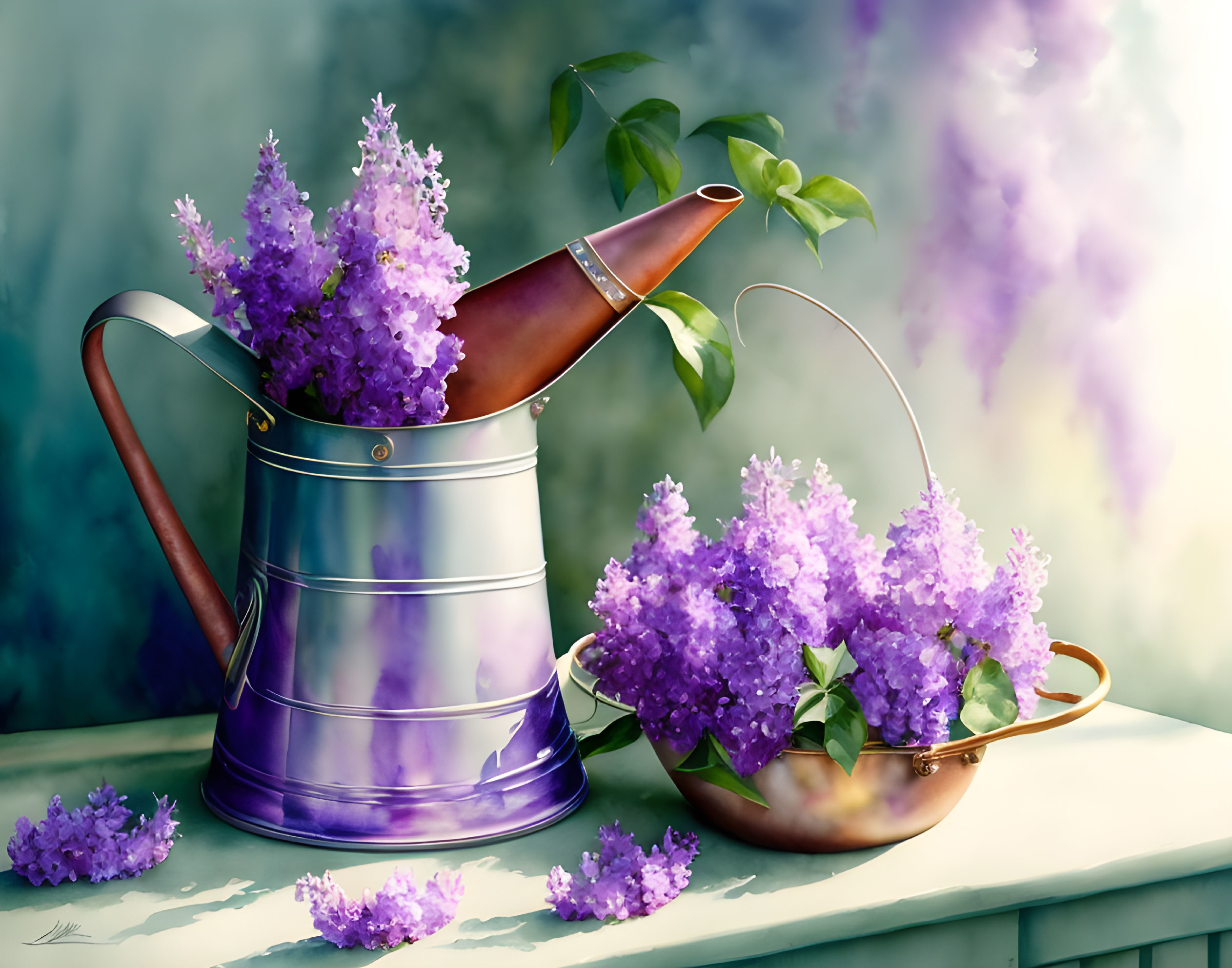 Purple watering can with lilac flowers next to copper bowl on table