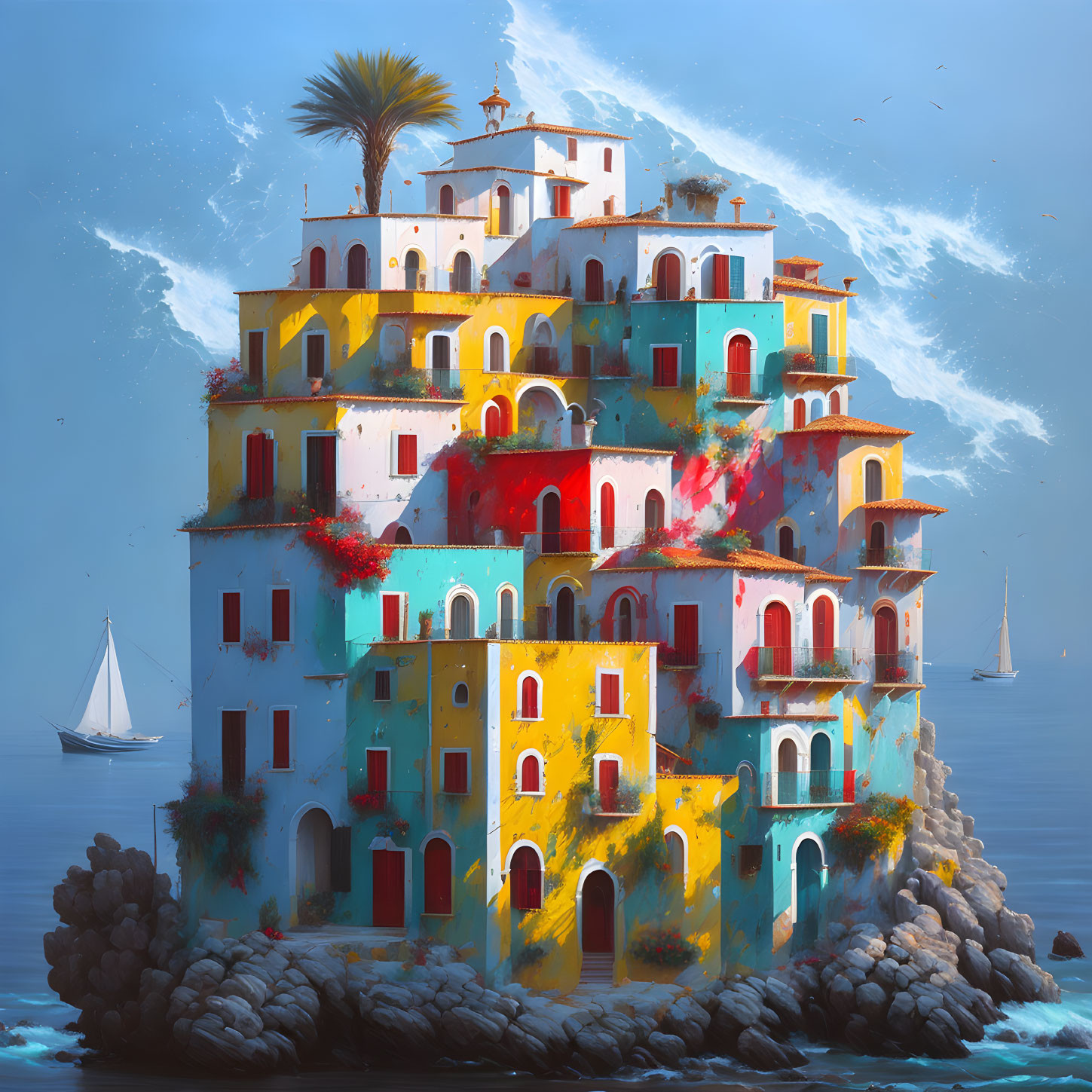 Vibrant coastal building on rocky island with sailboats and birds