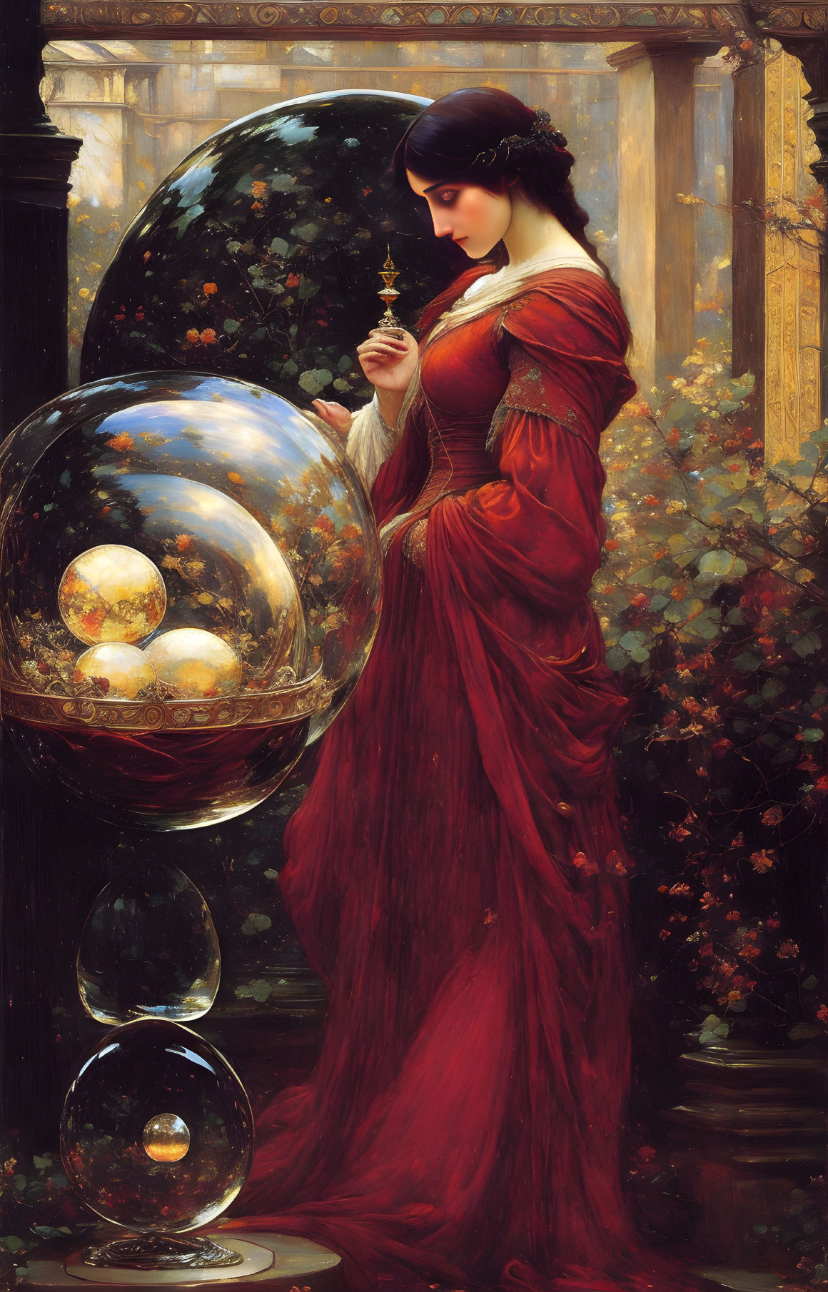 Woman in Red Dress Surrounded by Bubbles and Greenery