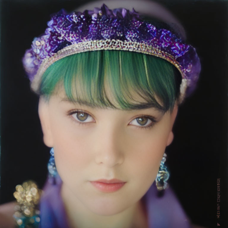 Green-haired person in purple headpiece and earrings staring intensely.