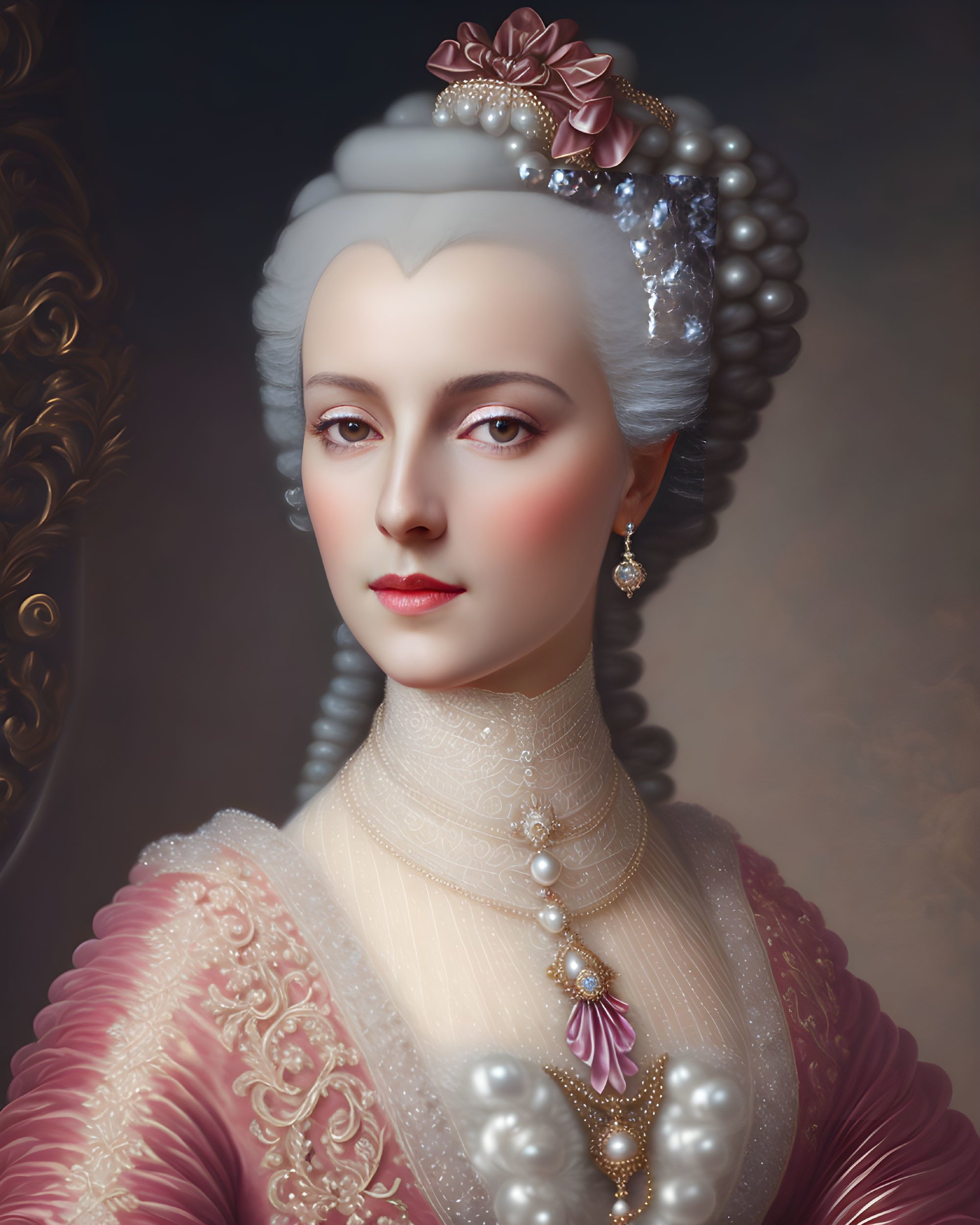 Classic Portrait of Woman with High Hairstyle & Pearls