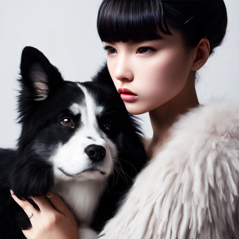 Woman and black & white dog in close pose, displaying serene bond