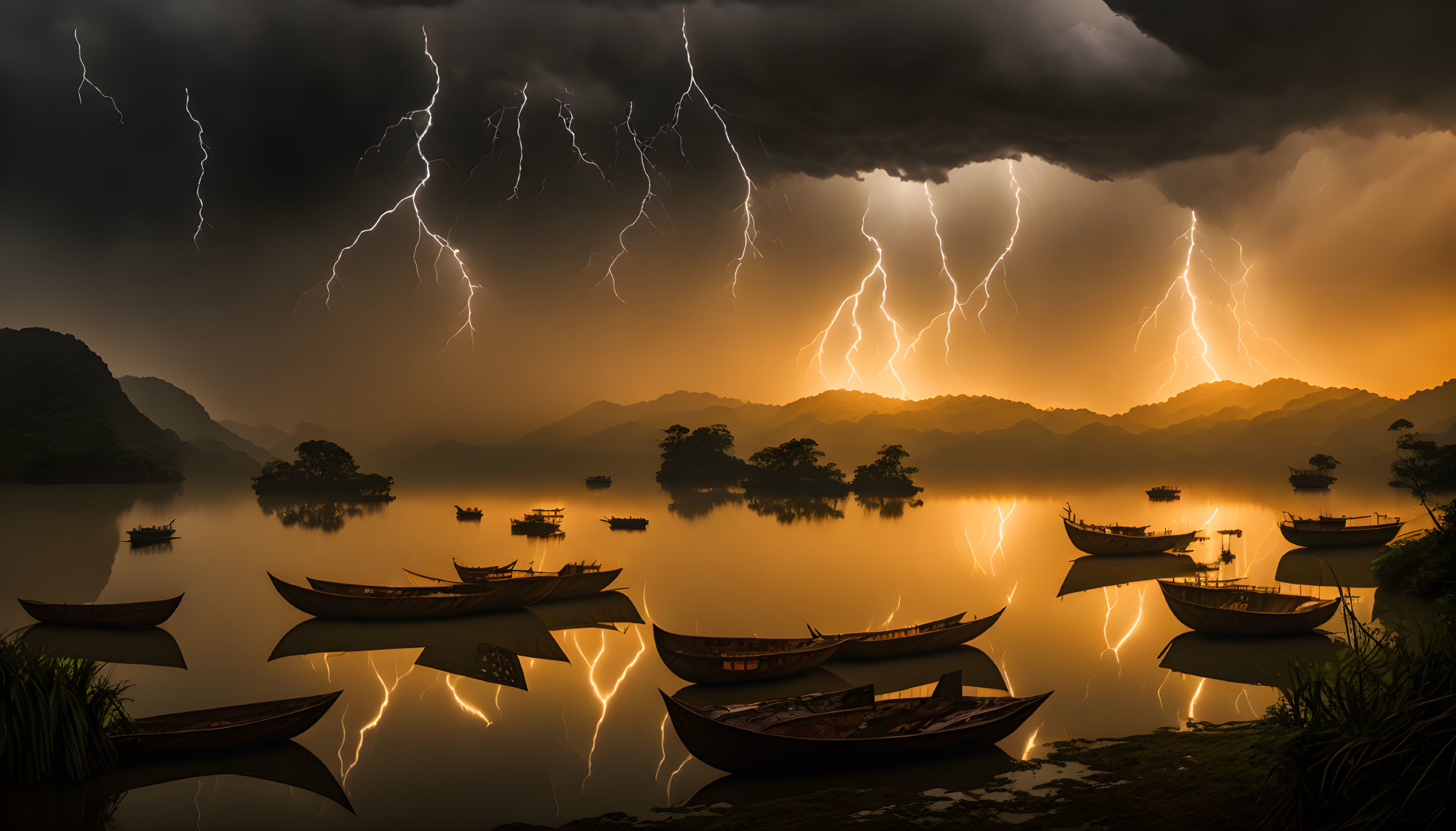 Serene lake with boats, mountains, stormy sky, lightning strikes, and glowing sunset