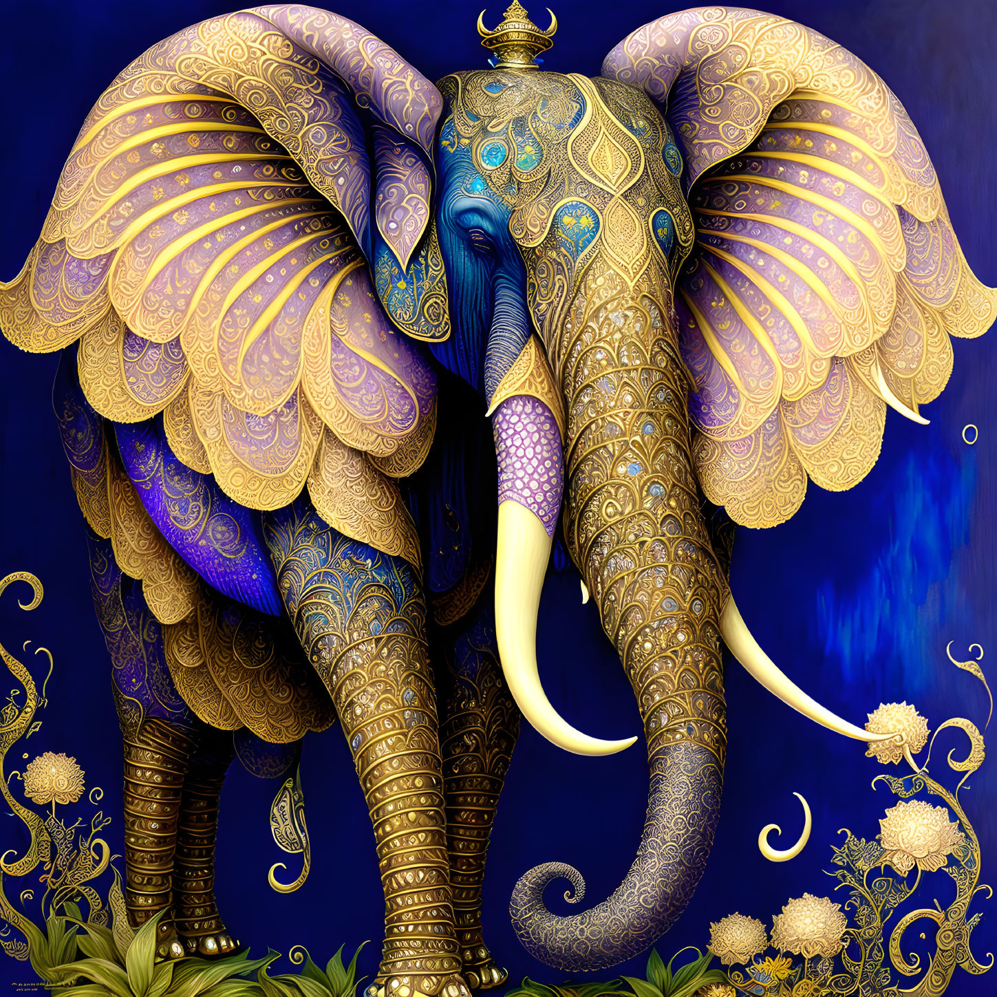 Decorated Elephant Artwork with Golden Patterns on Blue Background