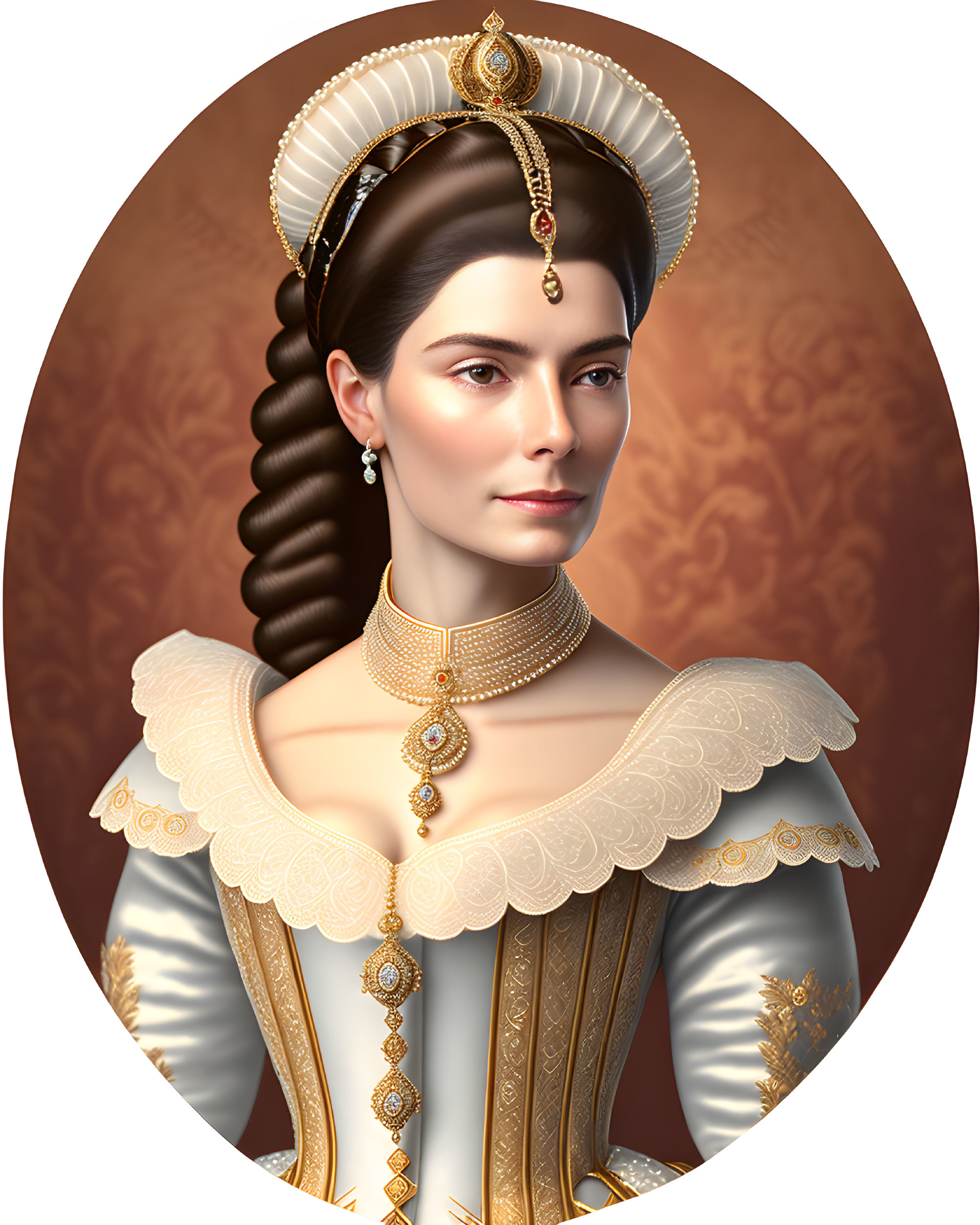 Detailed illustration of woman in royal attire with pearl headpiece and gold-embellished dress