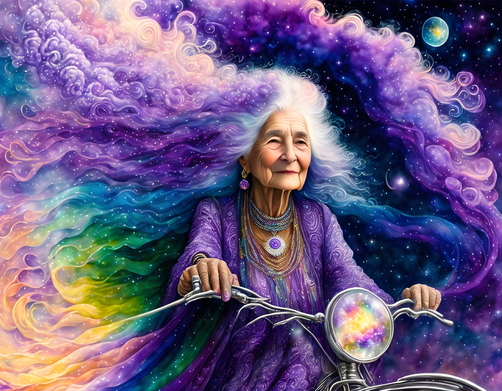 Elderly woman smiling on bicycle with cosmic background