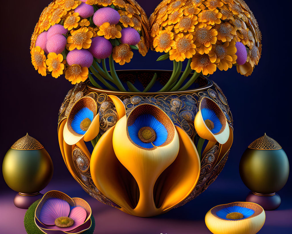 Vibrant digital art: ornate vase with bouquet and floating flowers