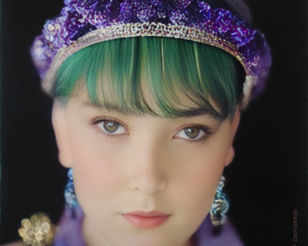 Green-haired person in purple headpiece and earrings staring intensely.