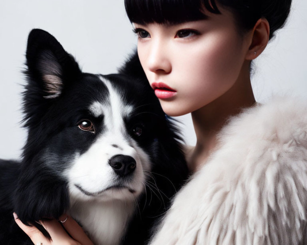 Woman and black & white dog in close pose, displaying serene bond