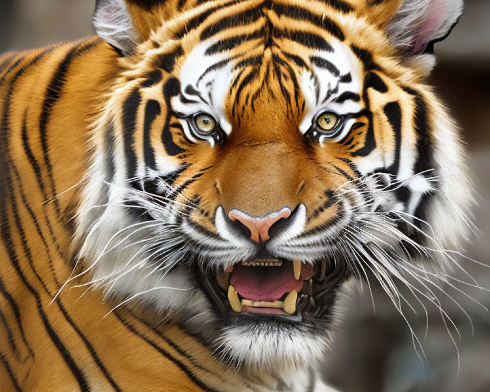 Detailed Close-up of Tiger's Head with Intense Eyes and Bared Teeth