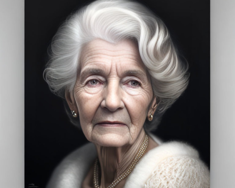 Elderly woman with white hair, blue eyes, pearl necklace, and fur shawl