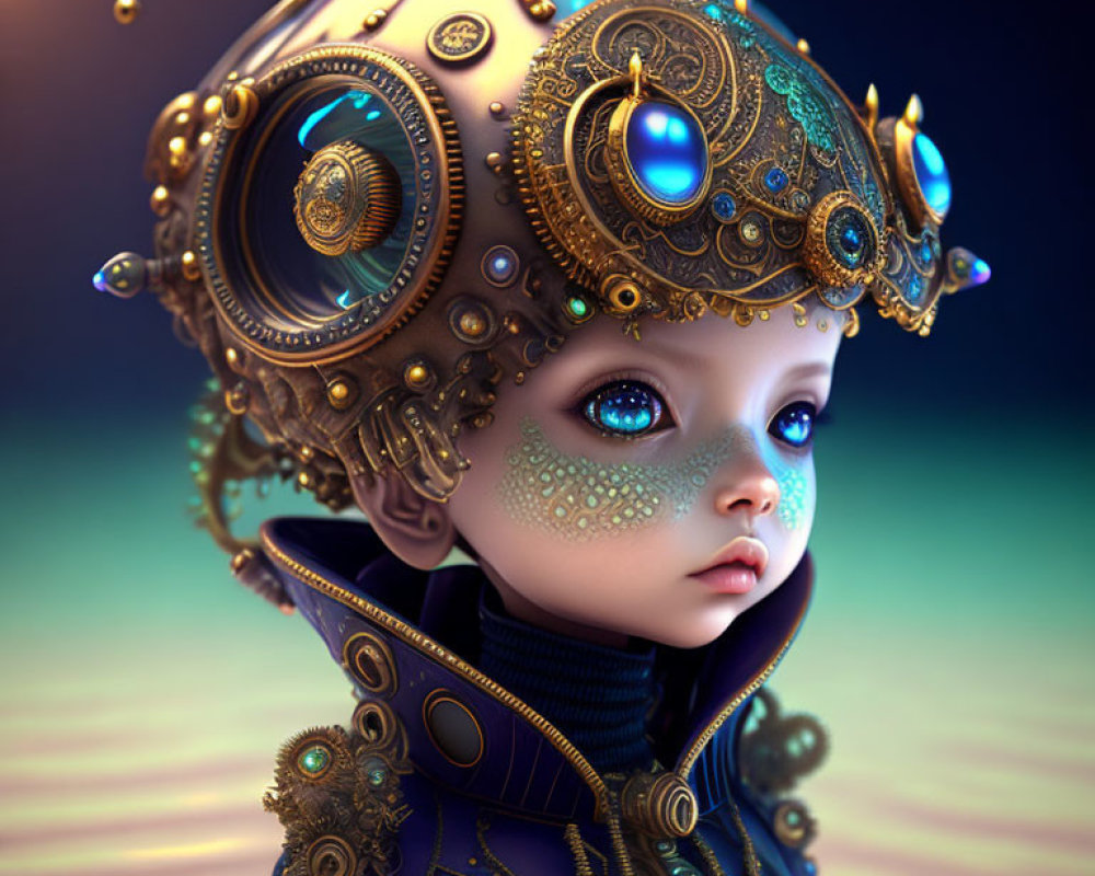 Child with steampunk helmet and expressive eyes in digital art