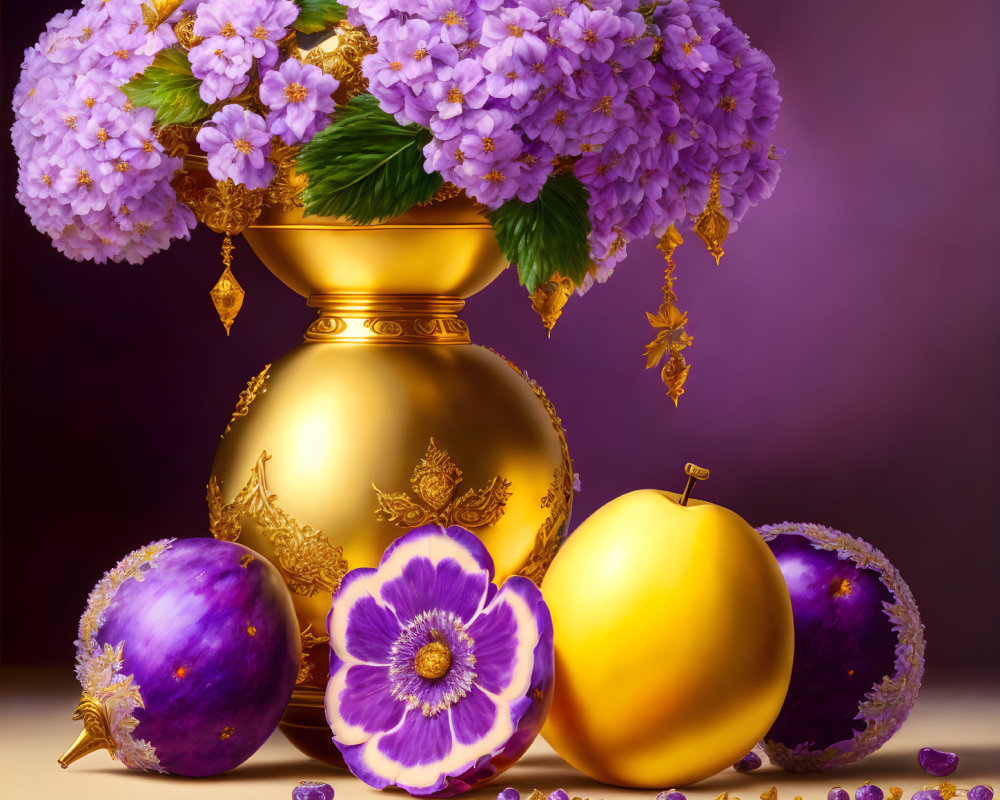 Purple Hydrangeas in Gold Vase with Fruit and Gems on Plum Background