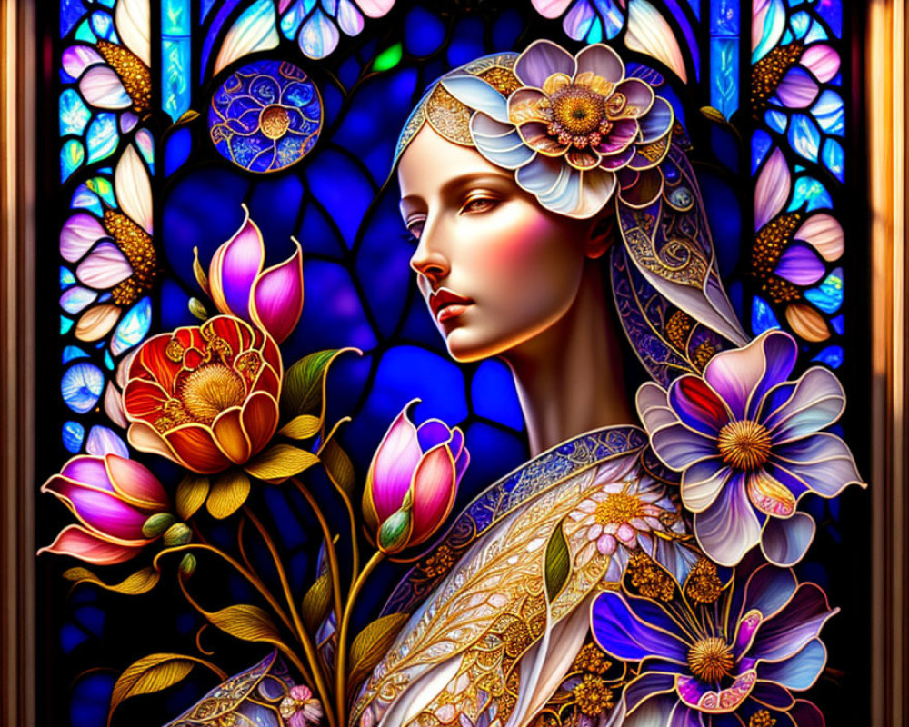 Colorful Stained Glass Artwork of Woman with Flowers and Blue Background