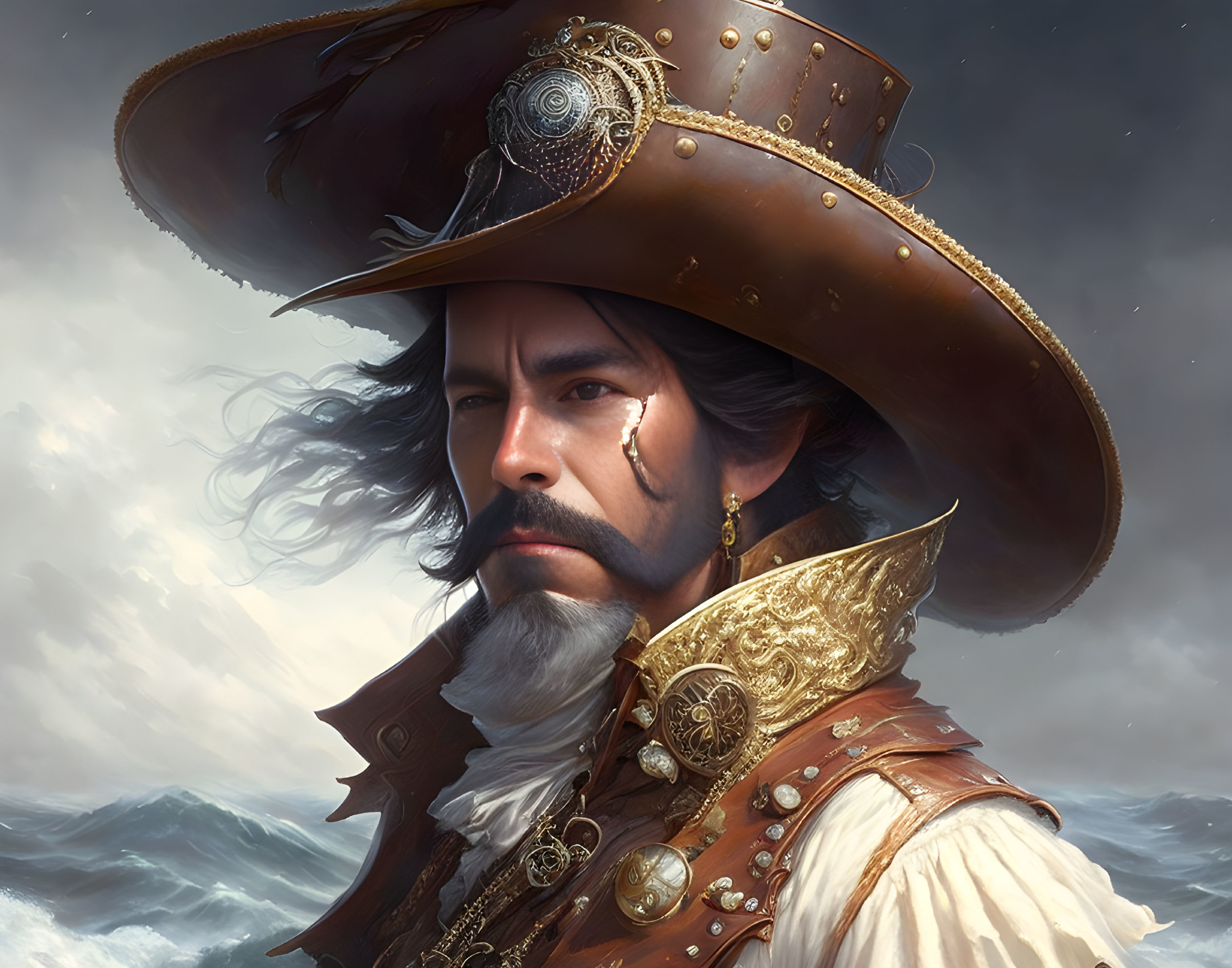 Portrait of a swashbuckling pirate with feathered hat and golden armor