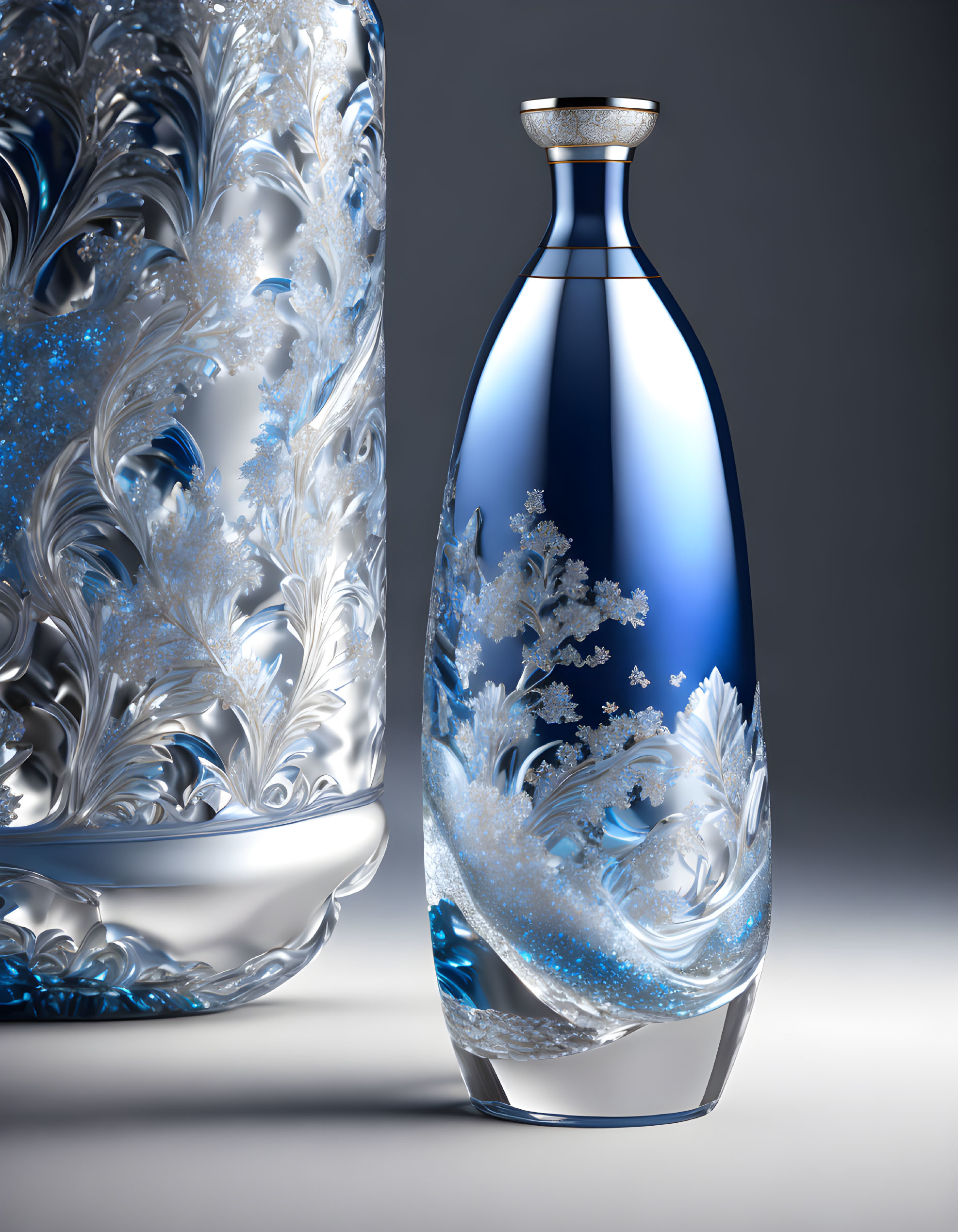 Blue and Silver Perfume Bottle with Frost Pattern on Grey Background