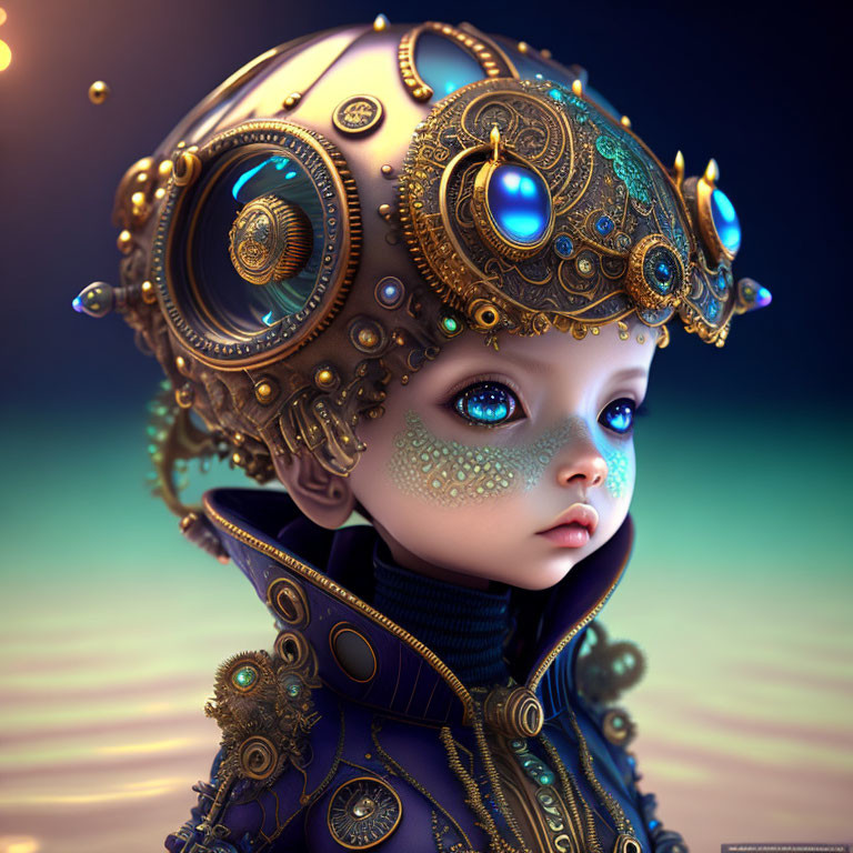 Child with steampunk helmet and expressive eyes in digital art