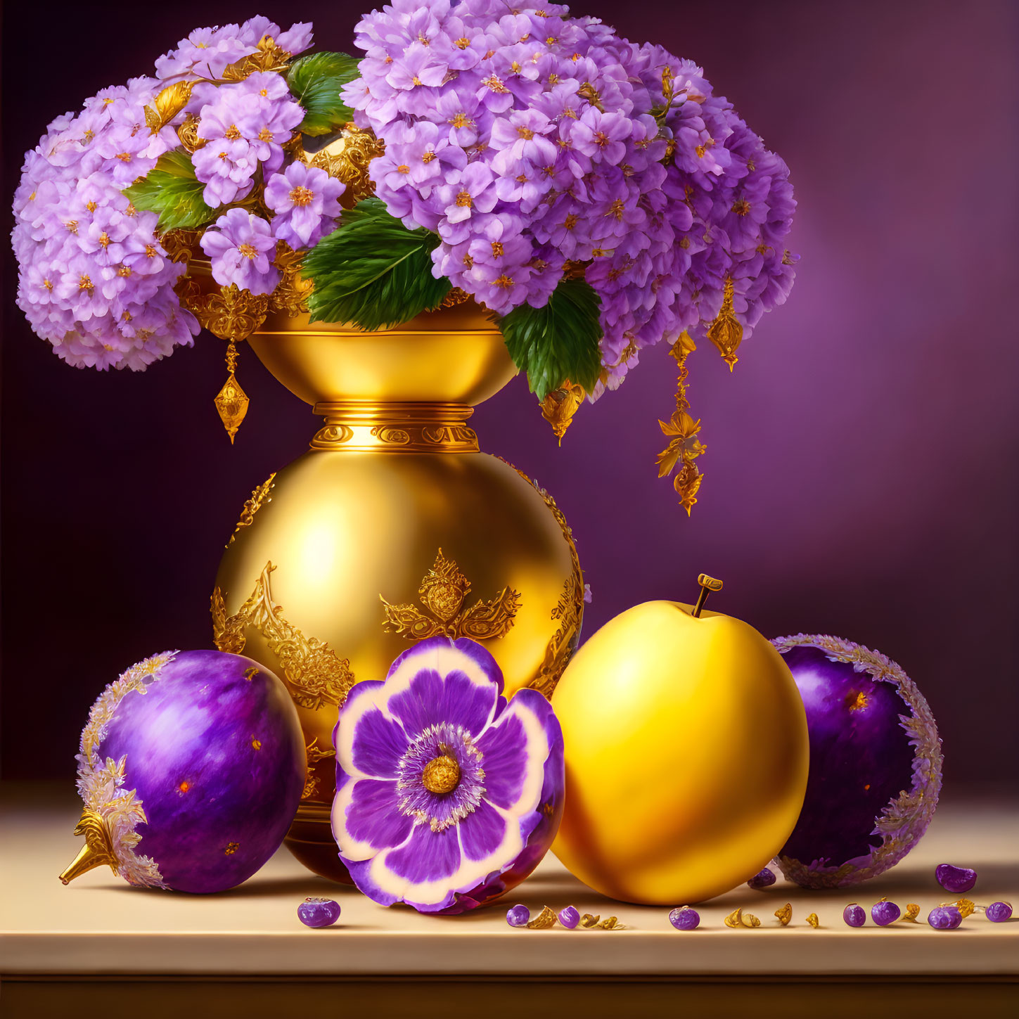 Purple Hydrangeas in Gold Vase with Fruit and Gems on Plum Background