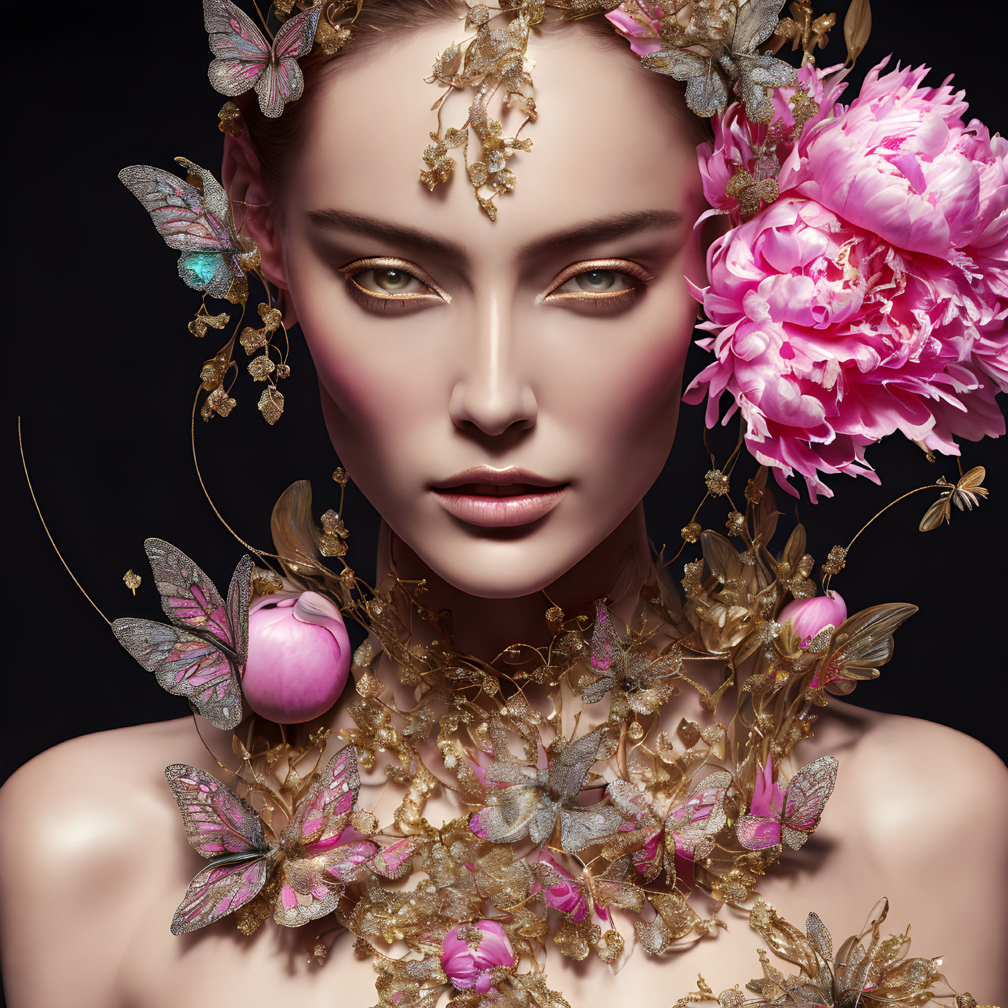 Elaborate floral and butterfly head adornments on a mystical woman