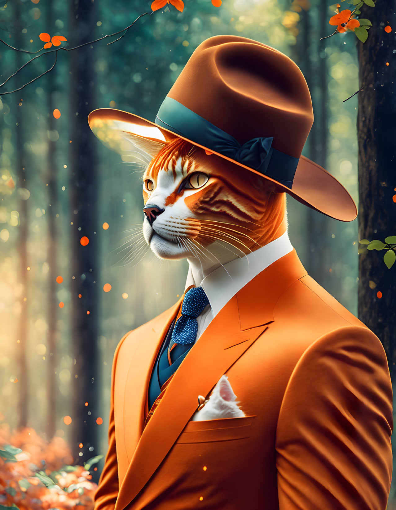 Anthropomorphic Orange Cat in Dapper Suit in Autumn Forest