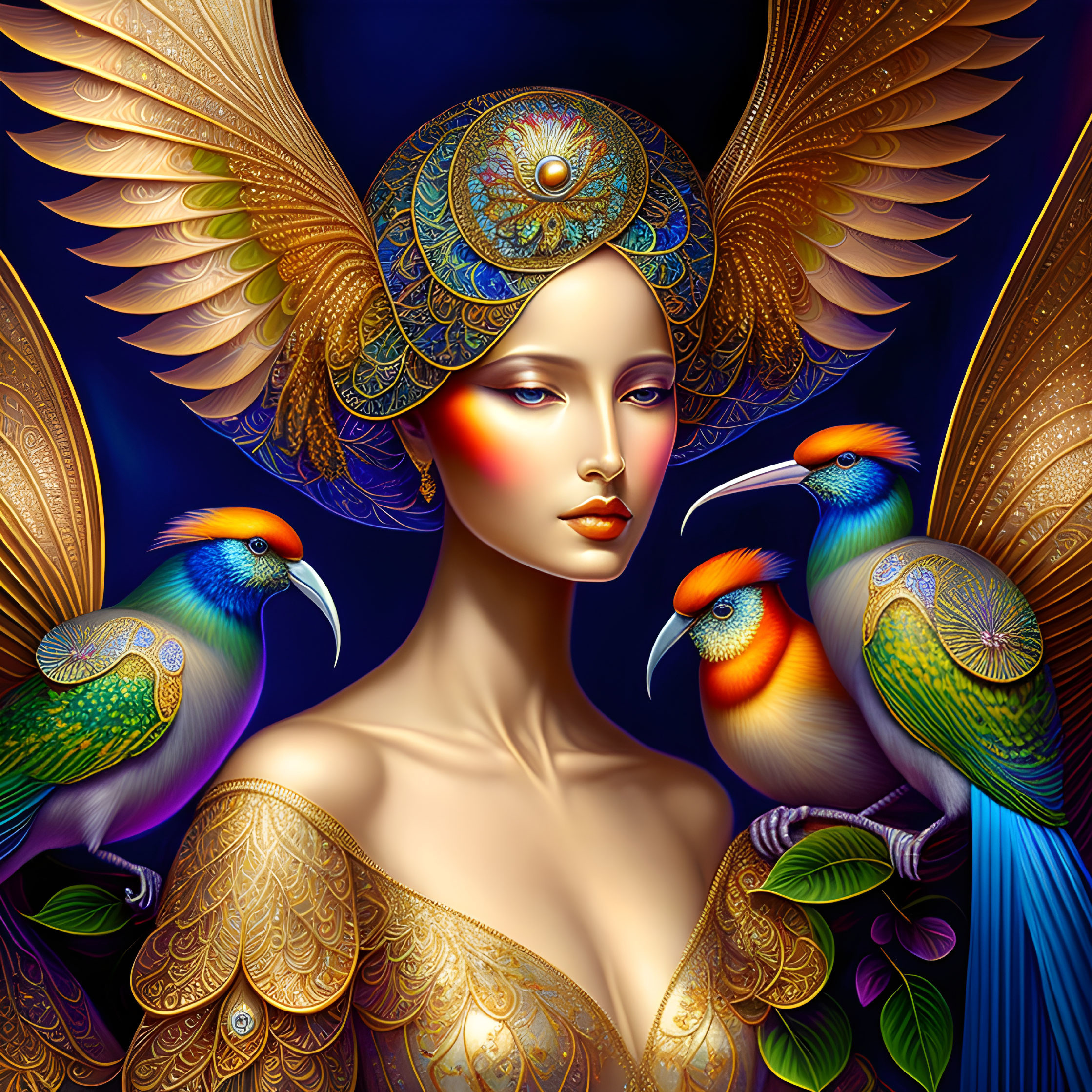 Stylized illustration of woman with golden headdress, wings, and birds on blue background