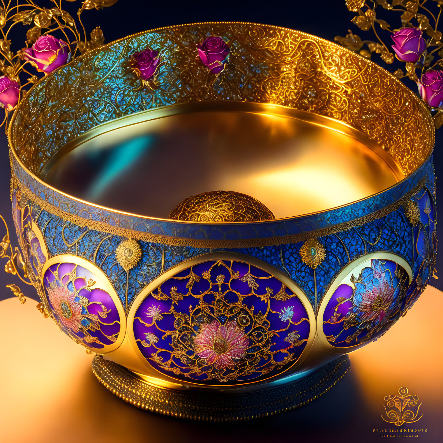 Luxurious golden bowl with blue patterns and jewel embellishments on amber gradient backdrop