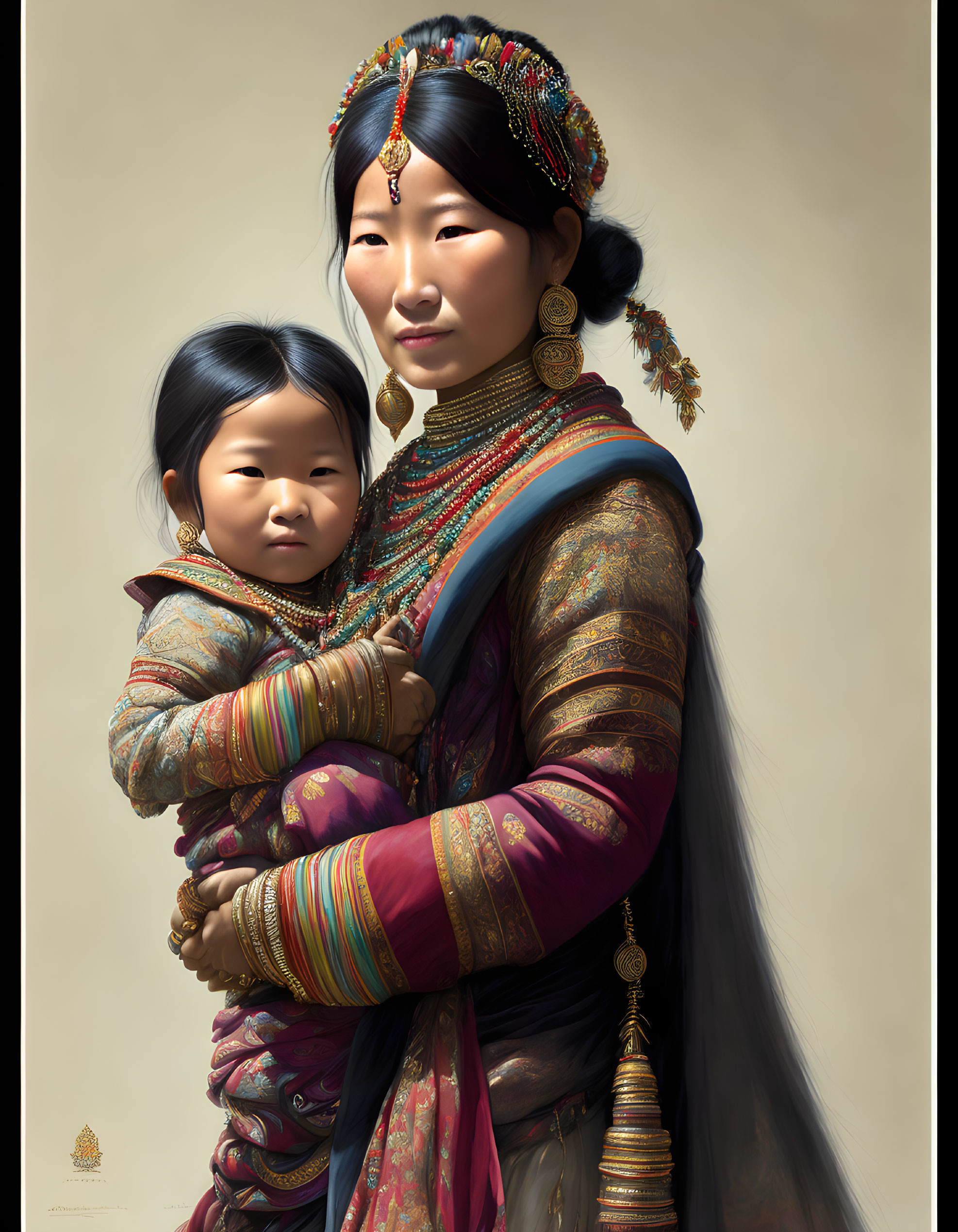 Traditional Attire: Woman with Child in Ornate Garments