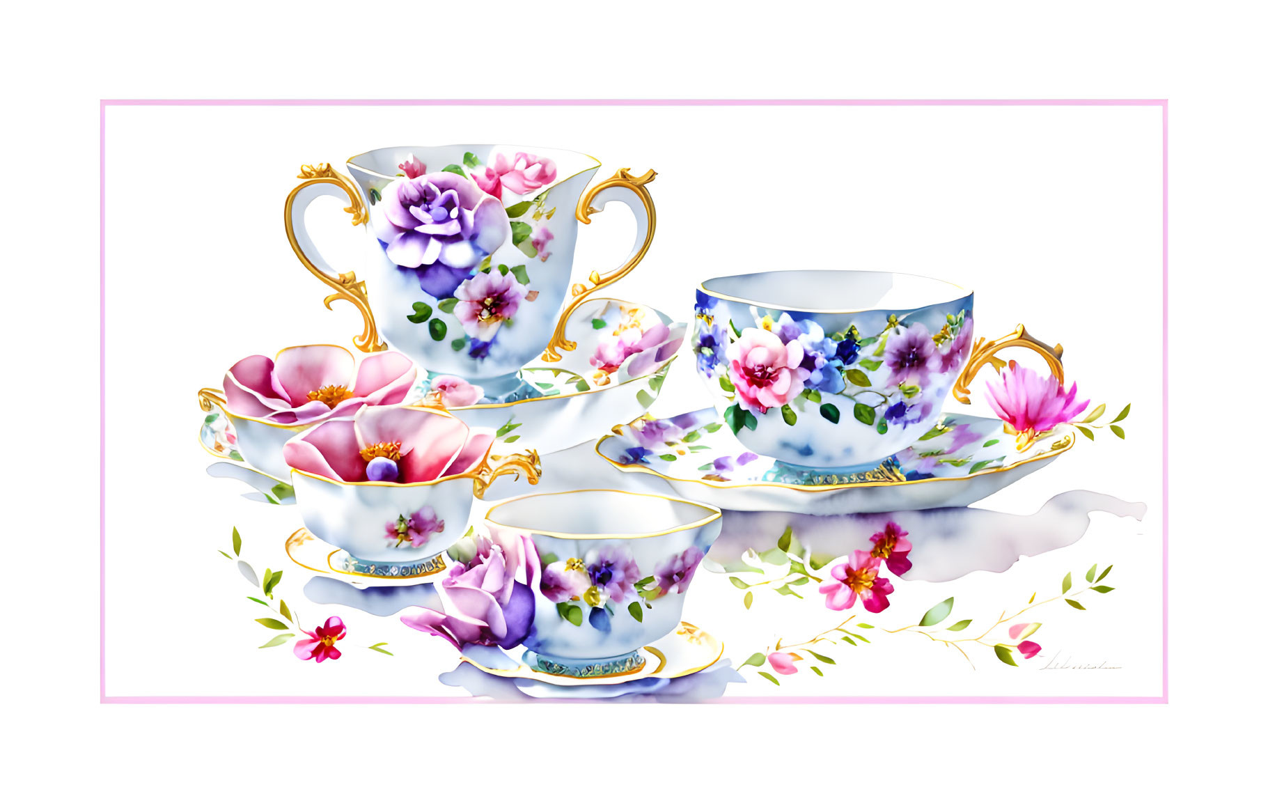 Elegant porcelain teacups and saucers with floral patterns and gold trim on white background.