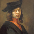 Portrait of a man with shoulder-length hair in a blue hat and ornate 17th-century attire