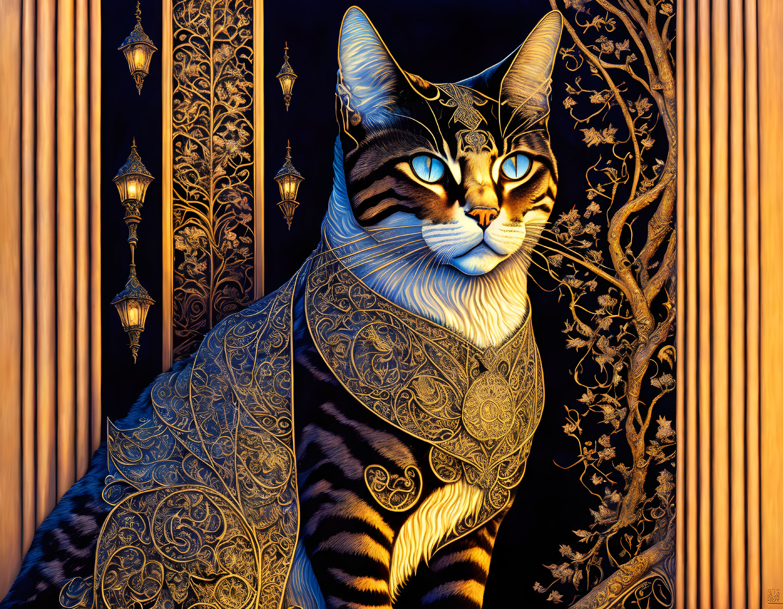 Regal cat in ornate cloak against vibrant backdrop